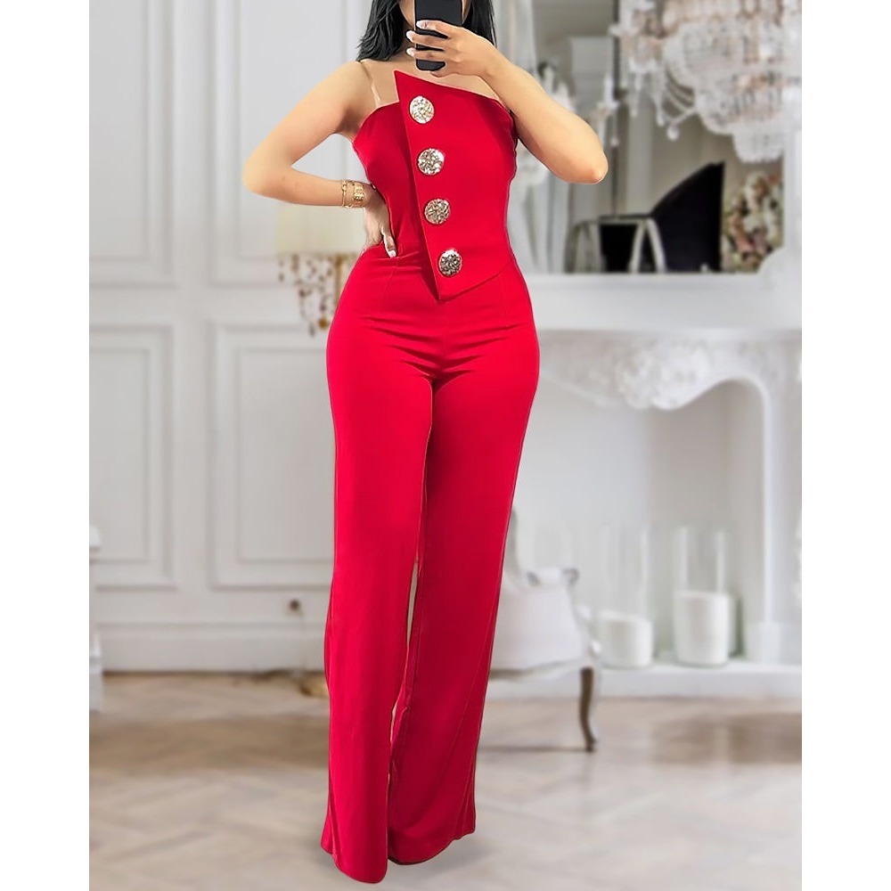 Chic Red Strapless Jumpsuit Wide Leg Gold Button Formal Evening Size L